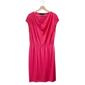 St. John Liquid Satin Cap Sleeve Drape Cowl Neck Blouson Dress Hot Pink 12